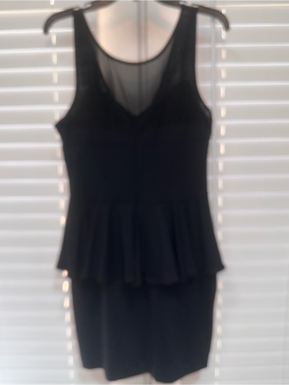 bebe Black Sleeveless Peplum Mini Dress with Mesh Yoke